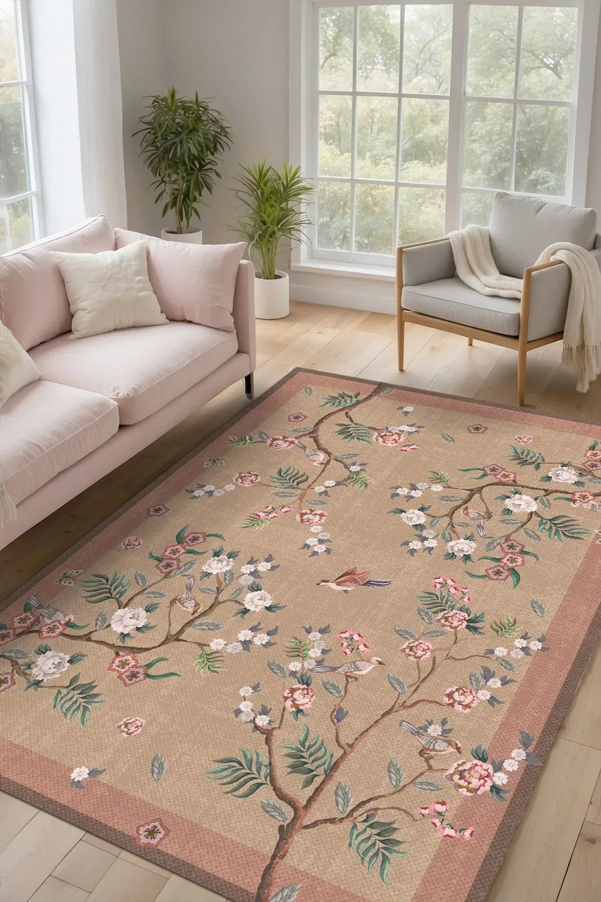 Sumsey Floral Desenli Pamuk Tabanlı Yıkanabilen Kaydırmaz Antibakteriyel Şönil Salon Halısı - Aydahome