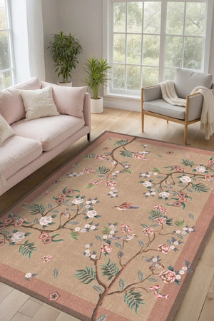 Sumsey Floral Desenli Pamuk Tabanlı Yıkanabilen Kaydırmaz Antibakteriyel Şönil Salon Halısı - Aydahome