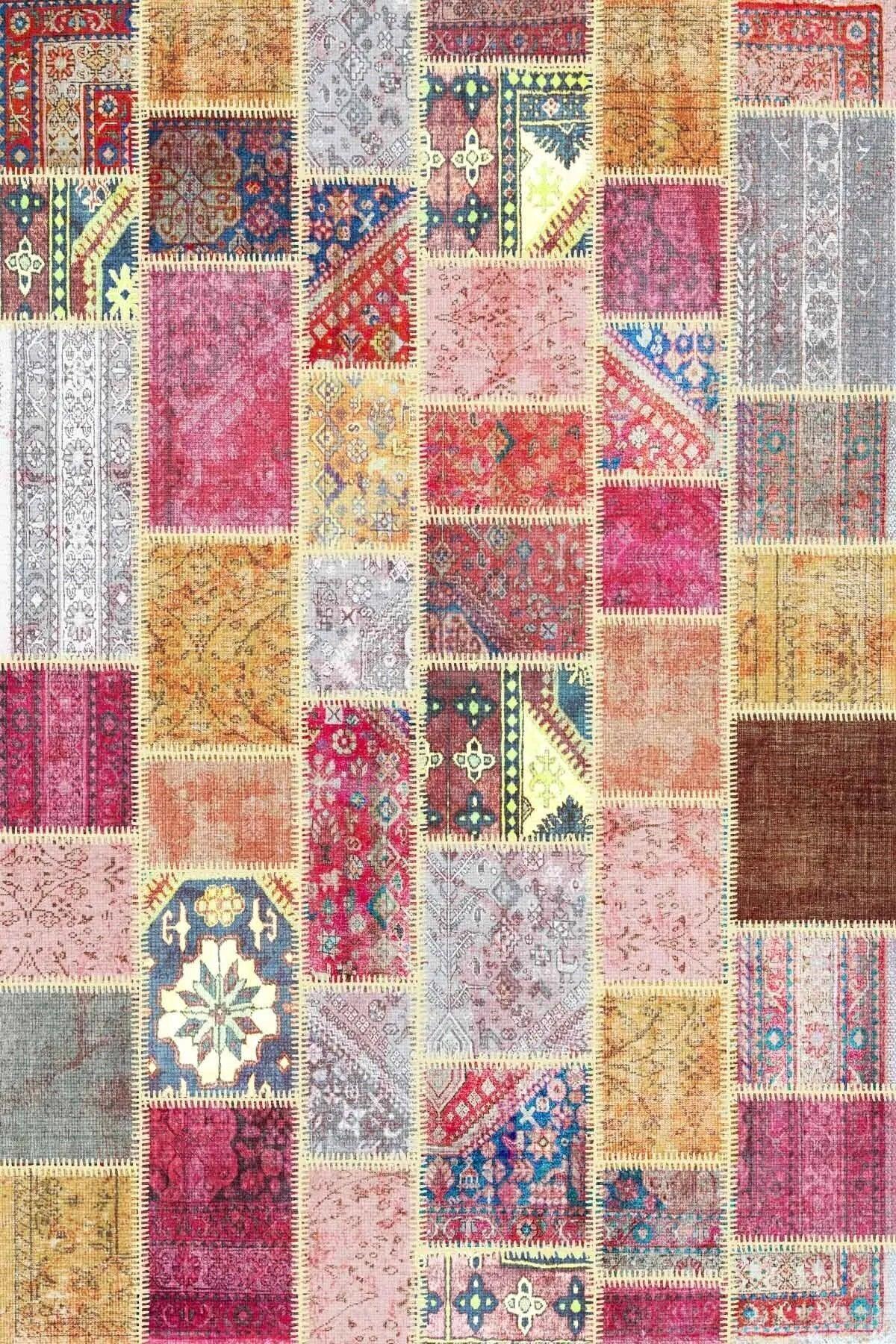 Korn Patchwork Kadife Desenli Pamuk Taban Kaymaz Yıkanabilen Antibakteriyel Yolluk - Aydahome