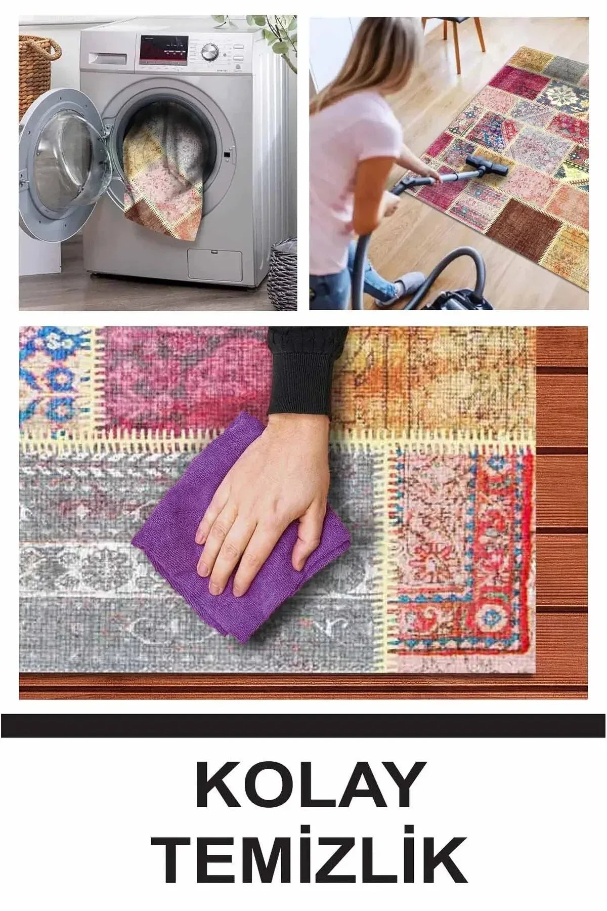 Korn Patchwork Kadife Desenli Pamuk Taban Kaymaz Yıkanabilen Antibakteriyel Yolluk - Aydahome