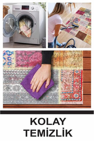 Korn Patchwork Kadife Desenli Pamuk Taban Kaymaz Yıkanabilen Antibakteriyel Yolluk - Aydahome