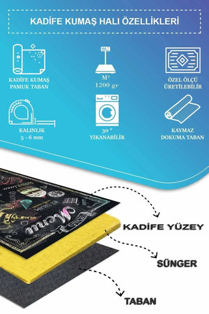 Elise Modern Kadife Desenli Pamuk Tabanlı Yıkanabilen Kaydırmaz Antibakteriyel Mutfak Halısı - Aydahome
