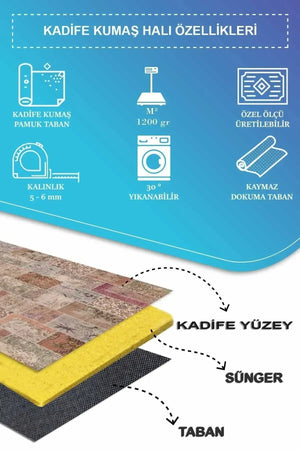 Mora Modern Kadife Desenli Pamuk Tabanlı Yıkanabilen Kaydırmaz Antibakteriyel Salon Halısı - Aydahome