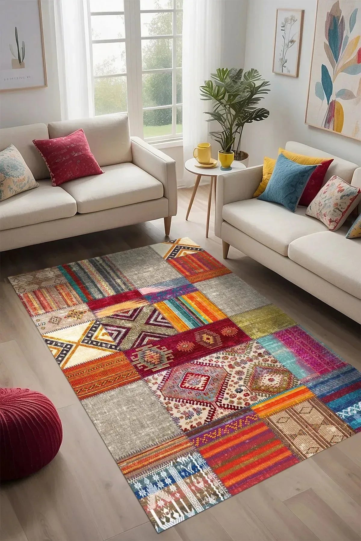 Engo Patchwork Vintage Kadife Desenli Pamuk Taban Kaymaz Yıkanabilen Antibakteriyel Yolluk - Aydahome