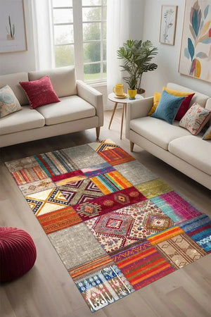 Engo Patchwork Vintage Kadife Desenli Pamuk Taban Kaymaz Yıkanabilen Antibakteriyel Yolluk - Aydahome