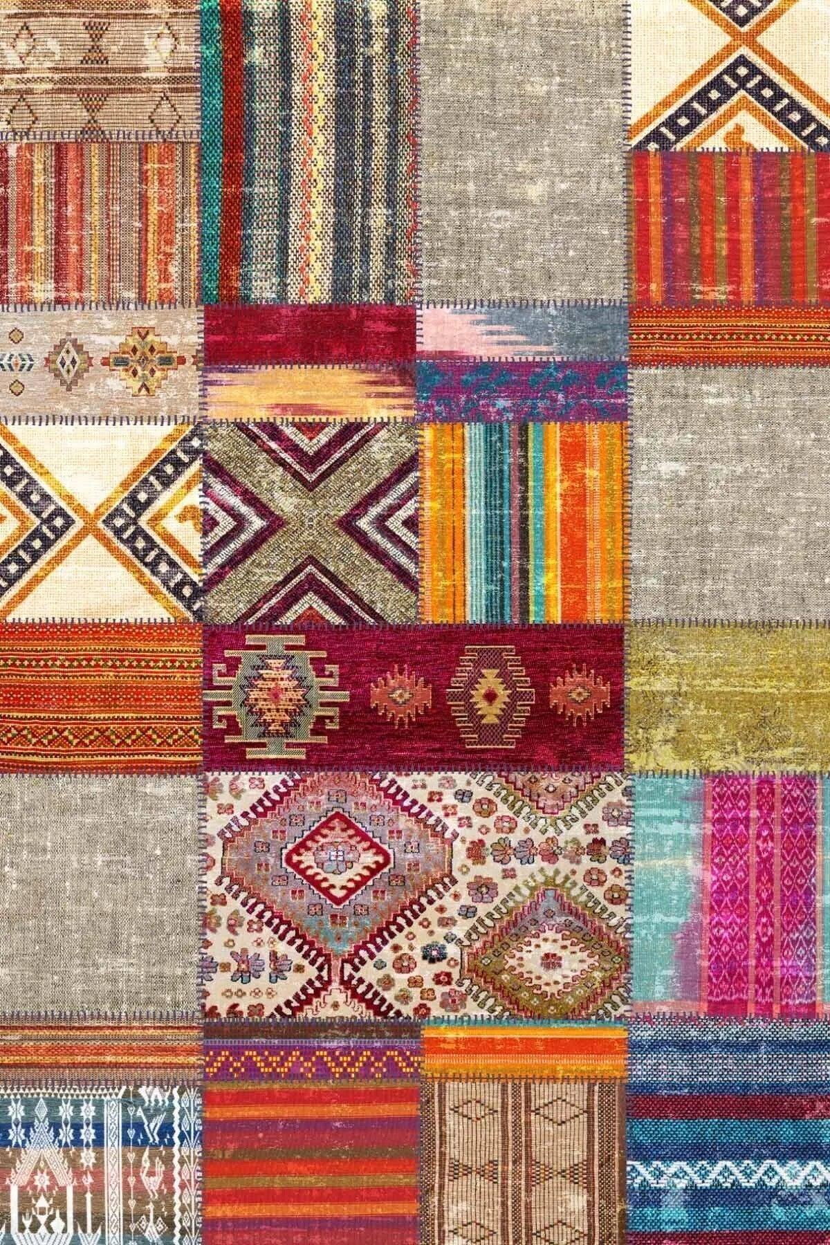 Engo Patchwork Vintage Kadife Desenli Pamuk Taban Kaymaz Yıkanabilen Antibakteriyel Yolluk - Aydahome