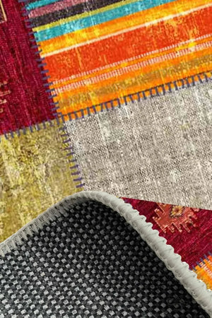 Engo Patchwork Vintage Kadife Desenli Pamuk Taban Kaymaz Yıkanabilen Antibakteriyel Yolluk - Aydahome