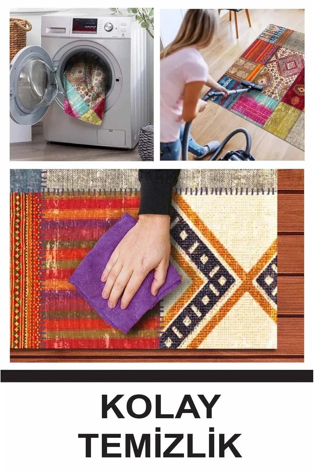 Engo Patchwork Vintage Kadife Desenli Pamuk Taban Kaymaz Yıkanabilen Antibakteriyel Yolluk - Aydahome
