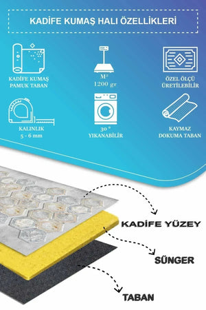 Casca Geometrik Desenli Kadife Pamuk Taban Kaymaz Yıkanabilen Antibakteriyel Yolluk - Aydahome