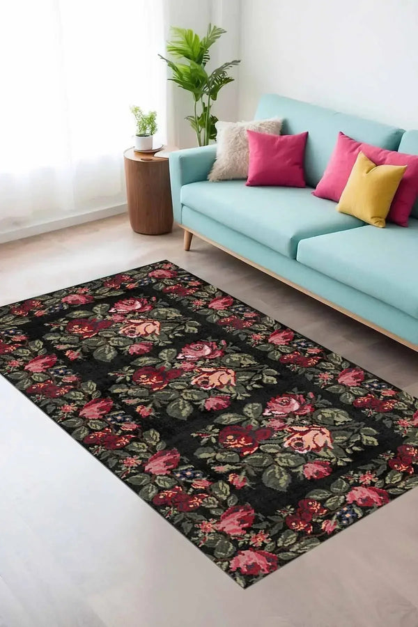 Camila Karabağ Kadife Çiçek Desenli Pamuk Taban Kaymaz Yıkanabilen Antibakteriyel Yolluk - Aydahome