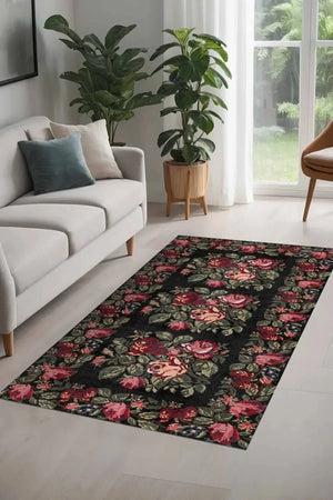 Camila Karabağ Kadife Çiçek Desenli Pamuk Taban Kaymaz Yıkanabilen Antibakteriyel Yolluk - Aydahome