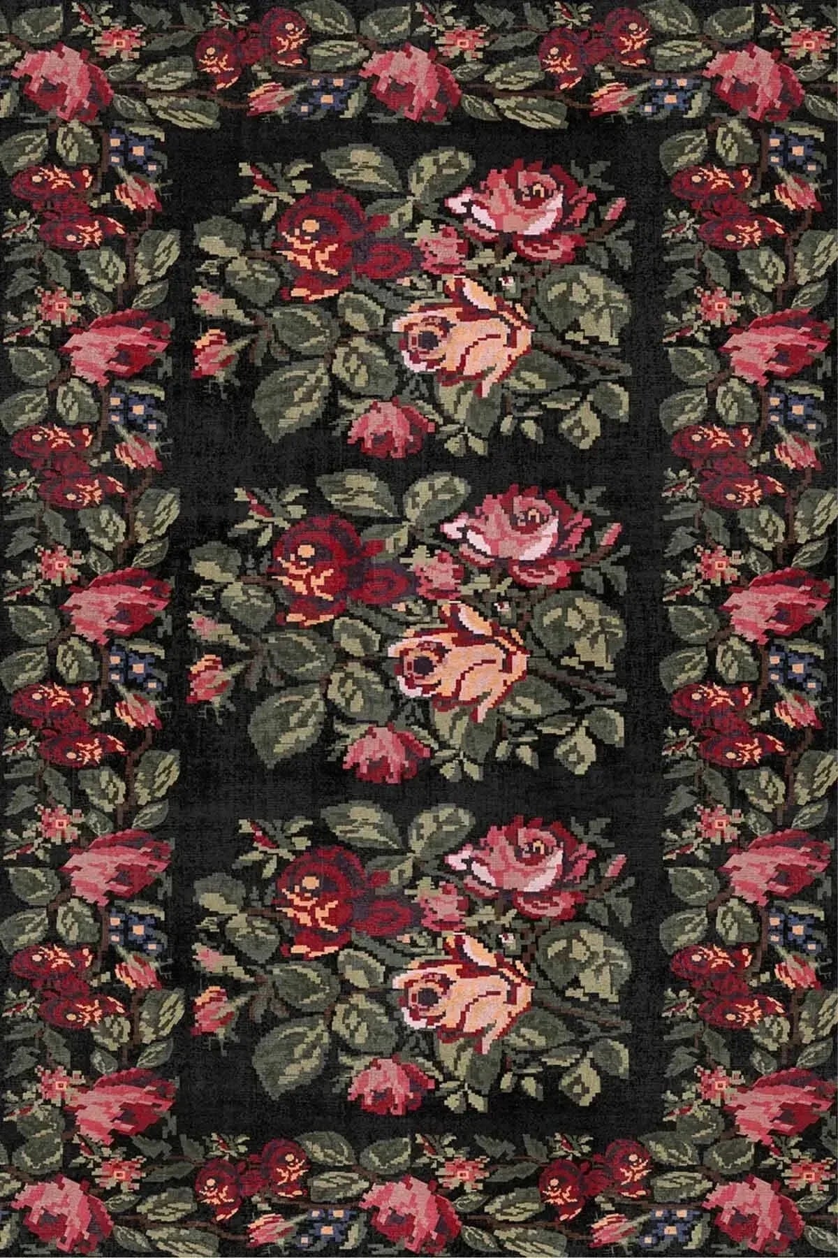 Camila Karabağ Kadife Çiçek Desenli Pamuk Taban Kaymaz Yıkanabilen Antibakteriyel Yolluk - Aydahome