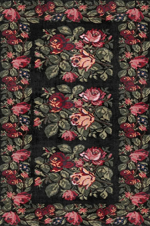 Camila Karabağ Kadife Çiçek Desenli Pamuk Taban Kaymaz Yıkanabilen Antibakteriyel Yolluk - Aydahome