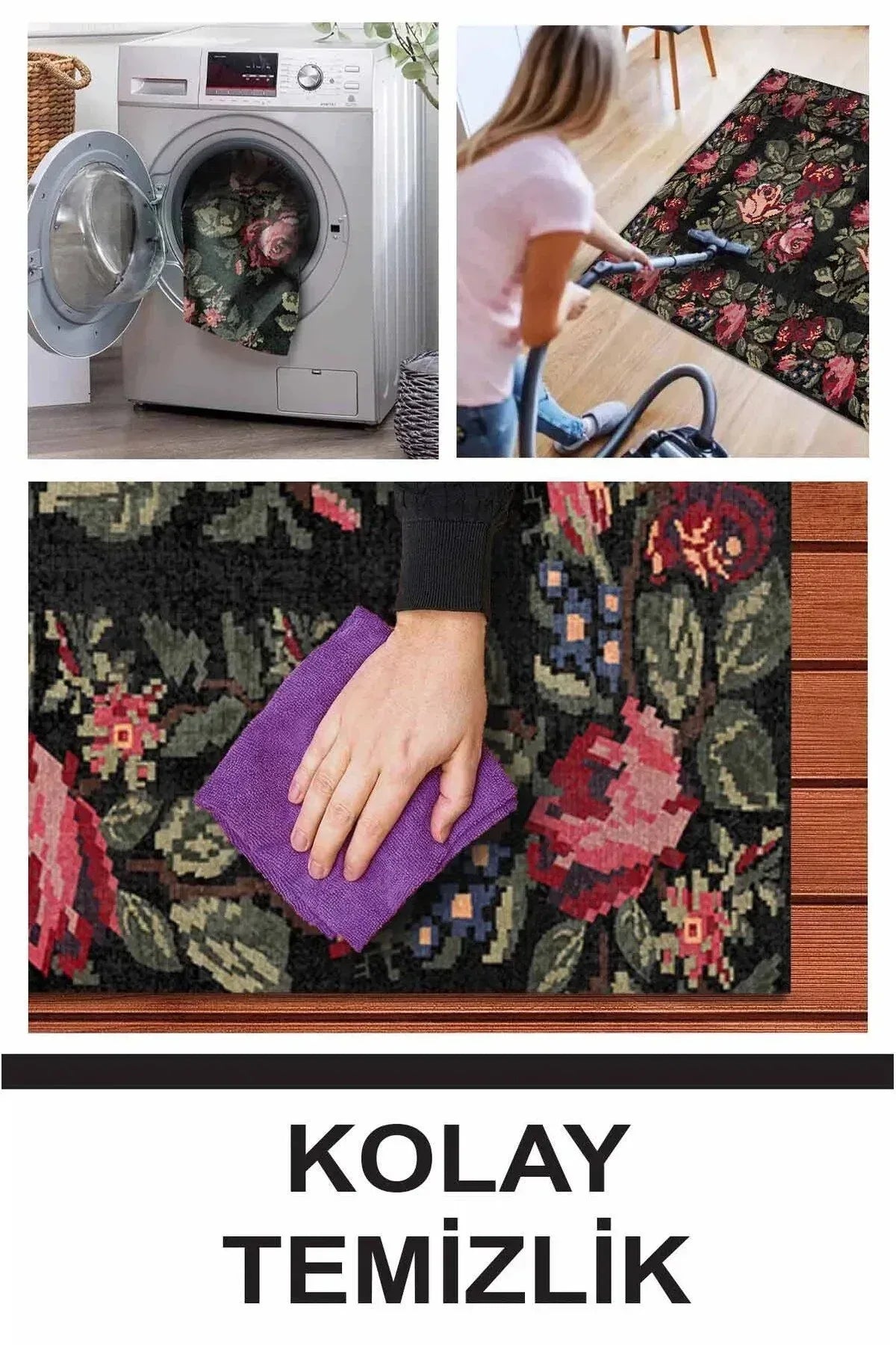 Camila Karabağ Kadife Çiçek Desenli Pamuk Taban Kaymaz Yıkanabilen Antibakteriyel Yolluk - Aydahome