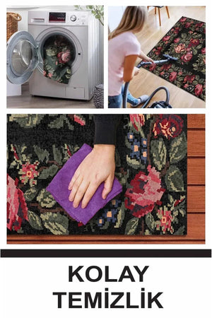 Camila Karabağ Kadife Çiçek Desenli Pamuk Taban Kaymaz Yıkanabilen Antibakteriyel Yolluk - Aydahome