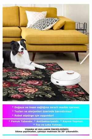 Camila Karabağ Kadife Çiçek Desenli Pamuk Taban Kaymaz Yıkanabilen Antibakteriyel Yolluk - Aydahome