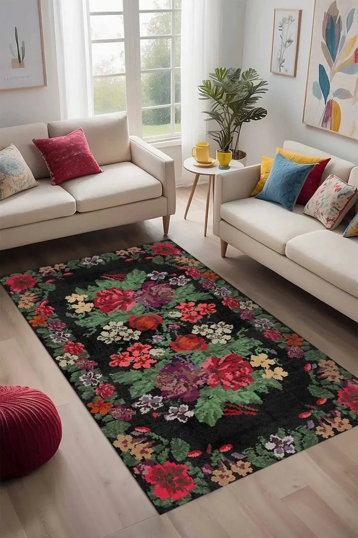 Monsa Karabağ Kadife Çiçek Desenli Pamuk Taban Kaymaz Yıkanabilen Antibakteriyel Yolluk - Aydahome