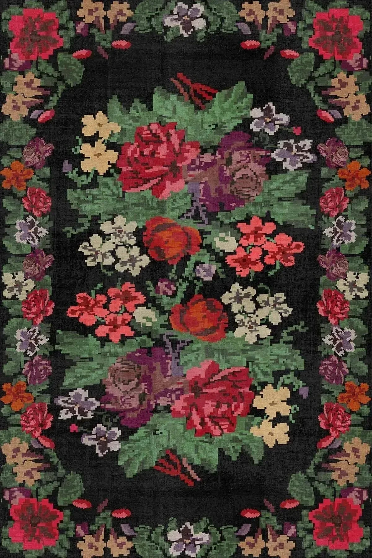 Monsa Karabağ Kadife Çiçek Desenli Pamuk Taban Kaymaz Yıkanabilen Antibakteriyel Yolluk - Aydahome