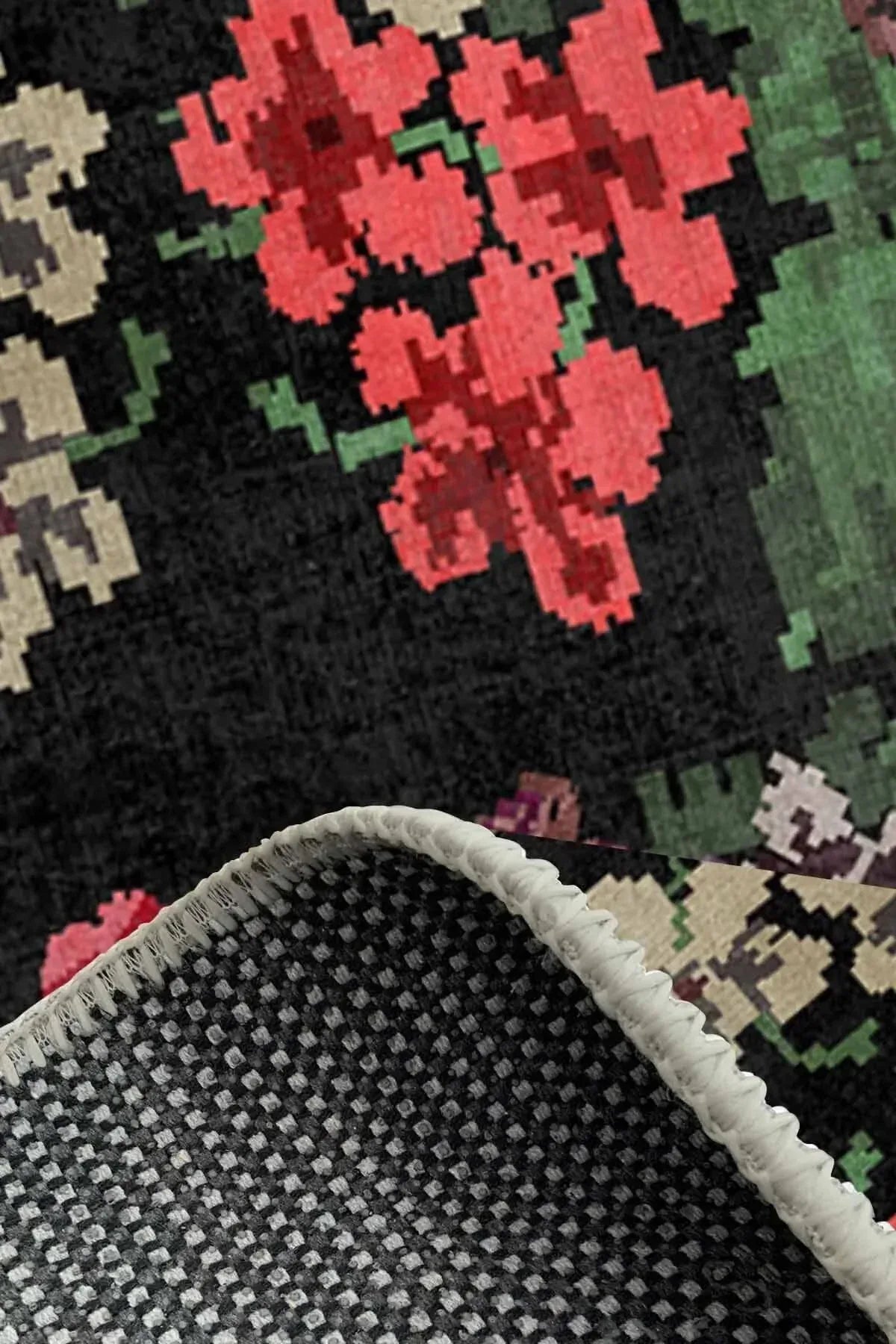 Monsa Karabağ Kadife Çiçek Desenli Pamuk Taban Kaymaz Yıkanabilen Antibakteriyel Yolluk - Aydahome