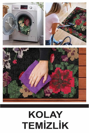 Monsa Karabağ Kadife Çiçek Desenli Pamuk Taban Kaymaz Yıkanabilen Antibakteriyel Yolluk - Aydahome