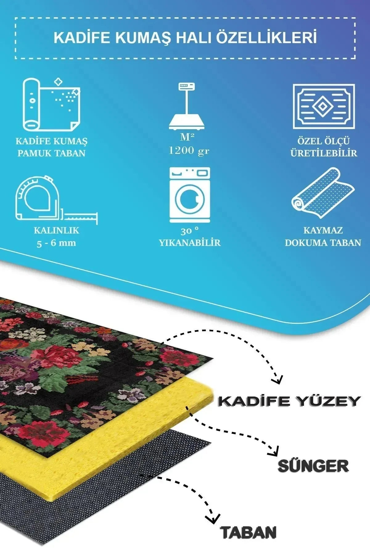 Monsa Karabağ Kadife Çiçek Desenli Pamuk Taban Kaymaz Yıkanabilen Antibakteriyel Yolluk - Aydahome