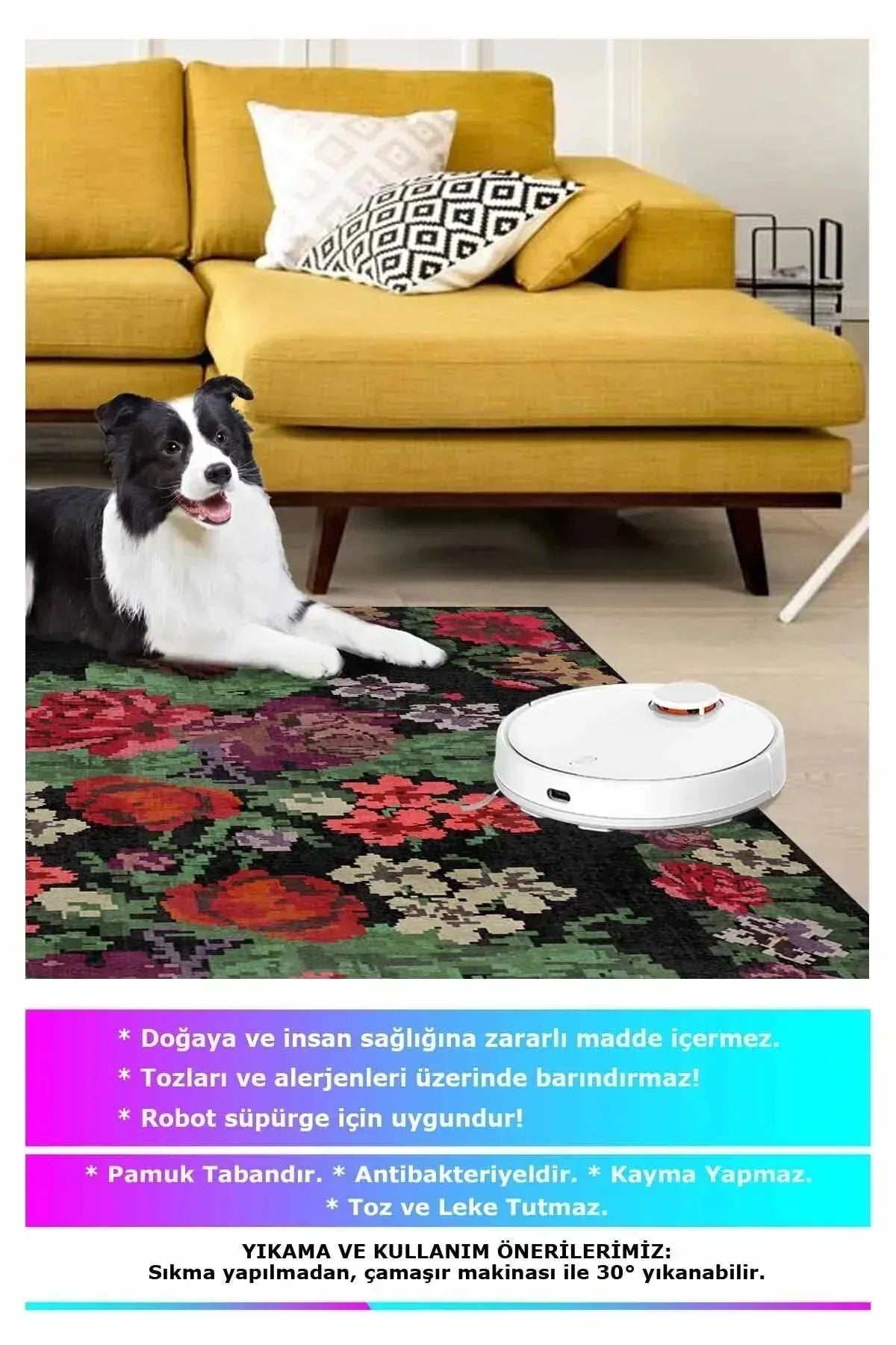 Monsa Karabağ Kadife Çiçek Desenli Pamuk Taban Kaymaz Yıkanabilen Antibakteriyel Yolluk - Aydahome