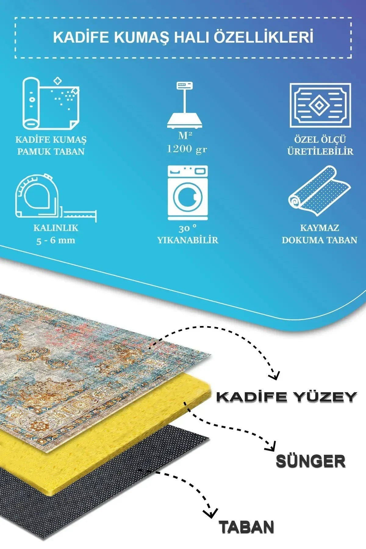 Tunish Modern Kadife Desenli Pamuk Tabanlı Yıkanabilen Kaydırmaz Antibakteriyel Salon Halısı - Aydahome