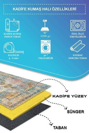 Tunish Modern Kadife Desenli Pamuk Tabanlı Yıkanabilen Kaydırmaz Antibakteriyel Salon Halısı - Aydahome