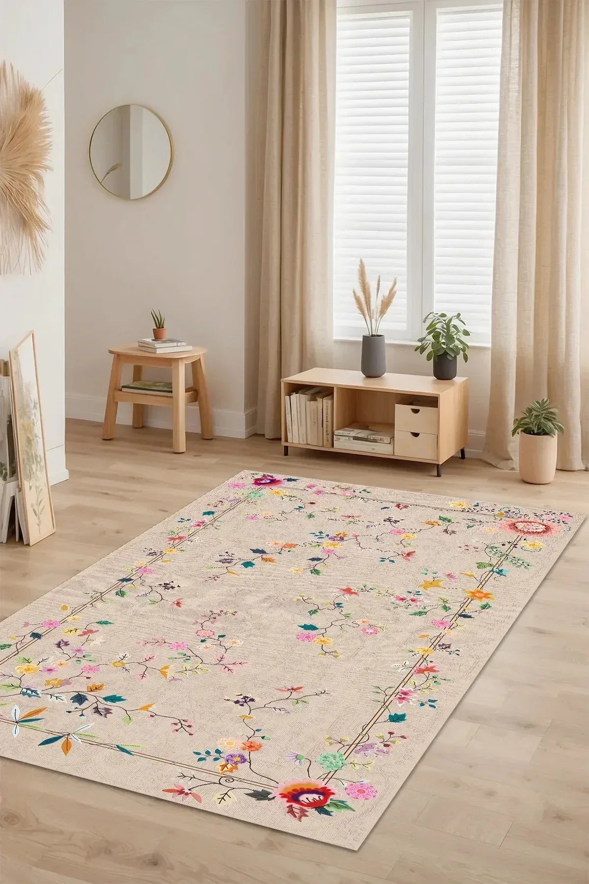 Florina Modern Kadife Desenli Pamuk Tabanlı Yıkanabilen Kaydırmaz Antibakteriyel Salon Halısı - Aydahome