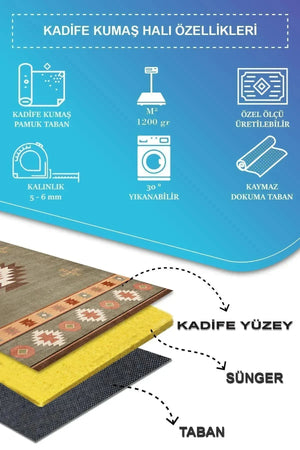 Diaz Modern Kadife Desenli Pamuk Tabanlı Yıkanabilen Kaydırmaz Antibakteriyel Salon Halısı - Aydahome