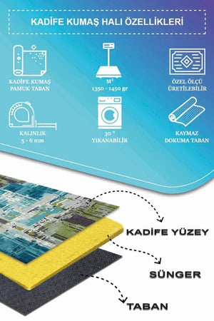 Ocımum Patchwork Kadife Pamuk Tabanlı Yıkanabilen Kaydırmaz Antibakteriyel Salon Halısı - Aydahome