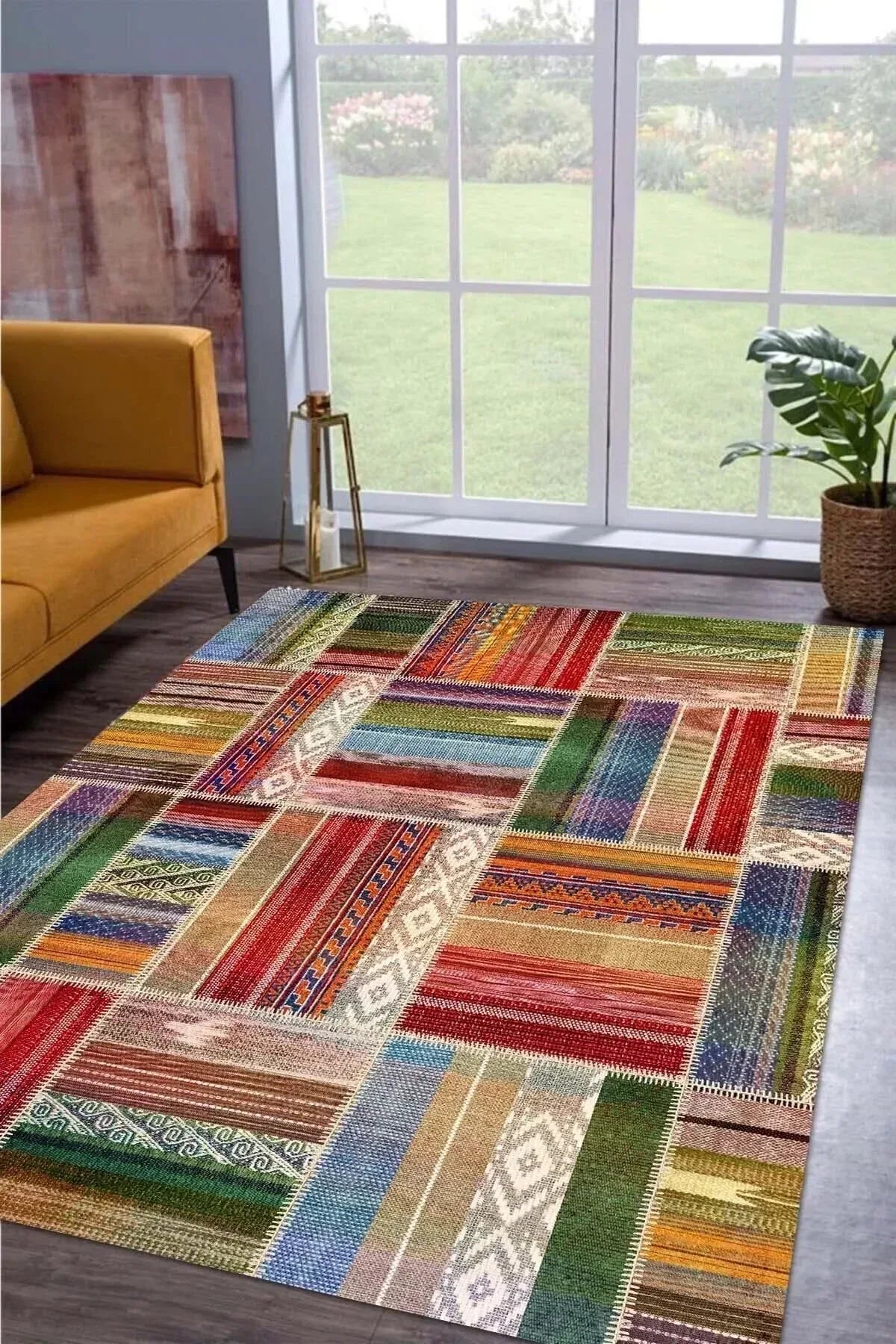 Bitsy Patchwork Kadife Modern Pamuk Tabanlı Yıkanabilen Kaydırmaz Antibakteriyel Salon Halısı - Aydahome