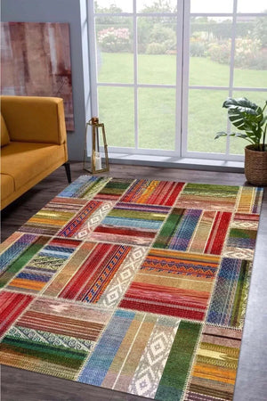 Bitsy Patchwork Kadife Modern Pamuk Tabanlı Yıkanabilen Kaydırmaz Antibakteriyel Salon Halısı - Aydahome