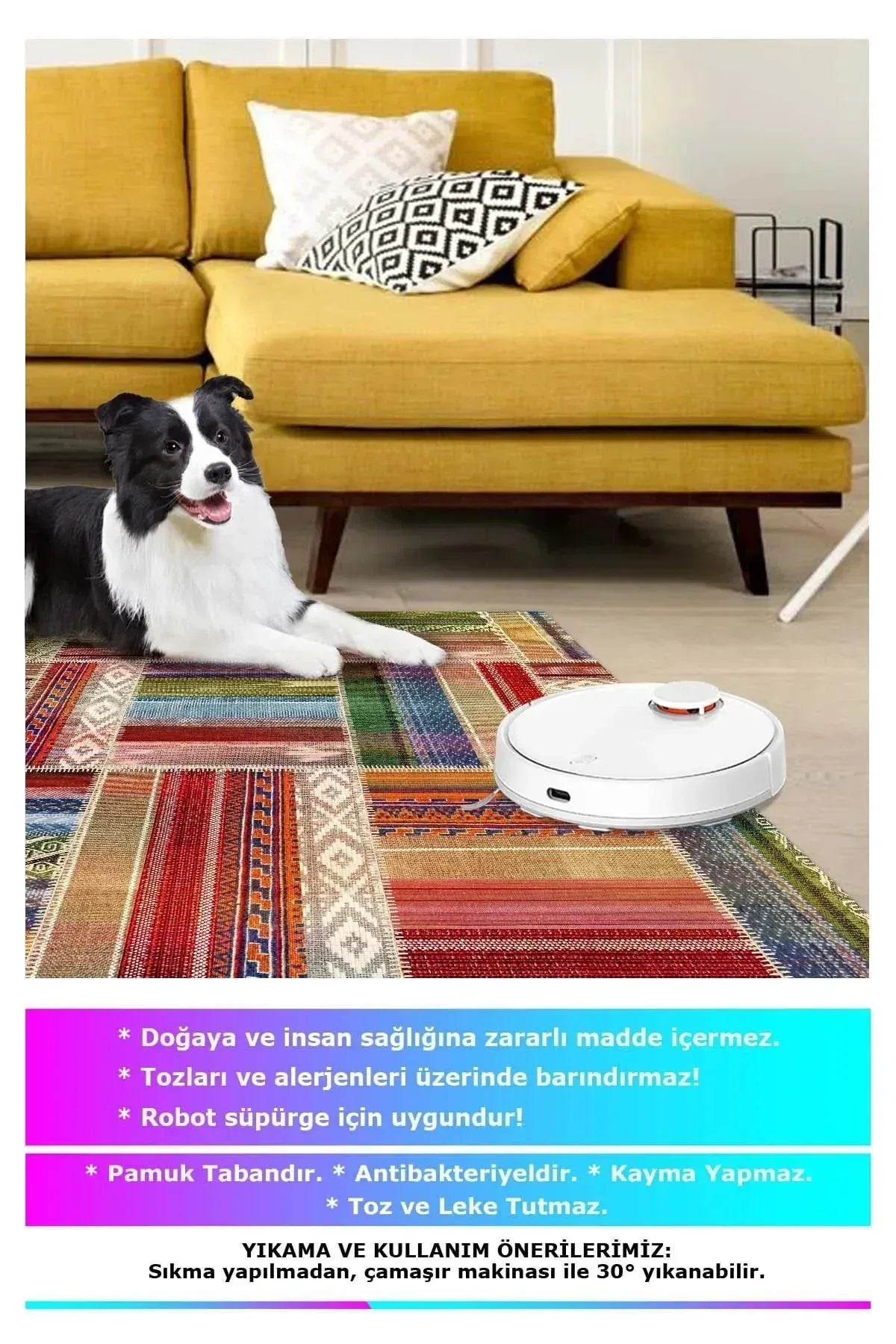 Bitsy Patchwork Kadife Modern Pamuk Tabanlı Yıkanabilen Kaydırmaz Antibakteriyel Salon Halısı - Aydahome