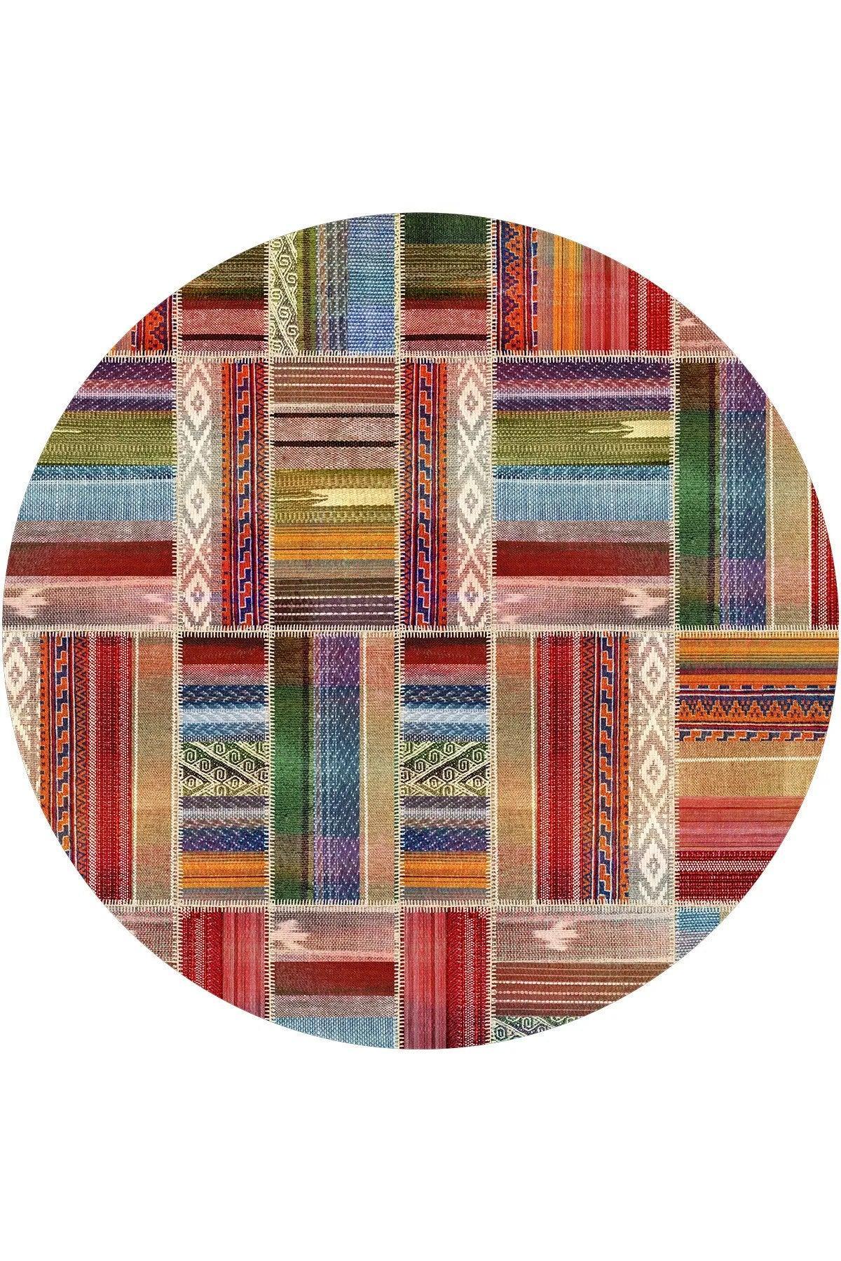 Bitsy Patchwork Kadife Pamuk Tabanlı Yıkanabilen Kaymaz Antibakteriyel Yuvarlak Salon Halısı Mutfak - Aydahome