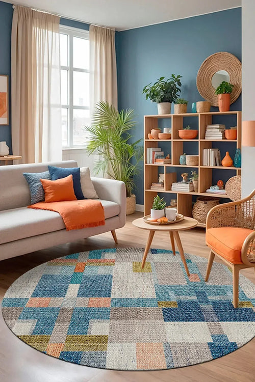 Anelia Patchwork Kadife Pamuk Tabanlı Yıkanabilen Kaymaz Antibakteriyel Yuvarlak Salon Halısı - Aydahome