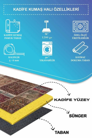 Cortez Patchwork Kadife Desenli Pamuk Tabanlı Yıkanabilen Kaydırmaz Antibakteriyel Salon Halısı - Aydahome