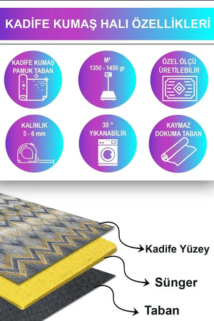 Amaris Modern Kadife Özel Tasarım Pamuk Tabanlı Yıkanabilen Kaydırmaz Antibakteriyel Salon Halısı - Aydahome