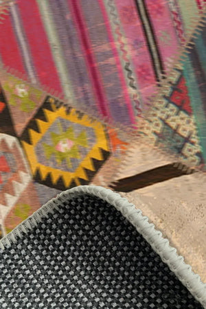 Hoya Patchwork Desenli Kadife Pamuk Tabanlı Yıkanabilen Kaydırmaz Antibakteriyel Salon Halısı - Aydahome