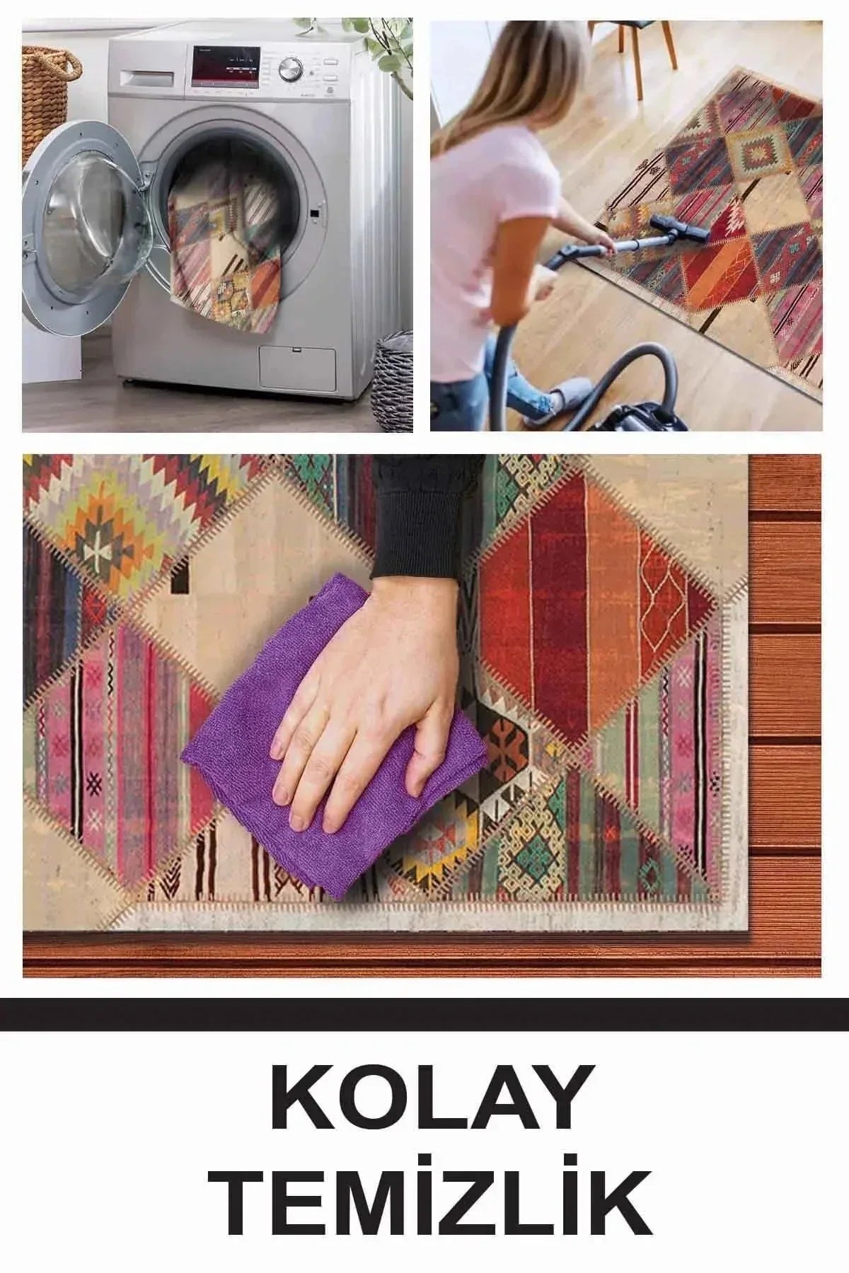 Hoya Patchwork Desenli Kadife Pamuk Tabanlı Yıkanabilen Kaydırmaz Antibakteriyel Salon Halısı - Aydahome
