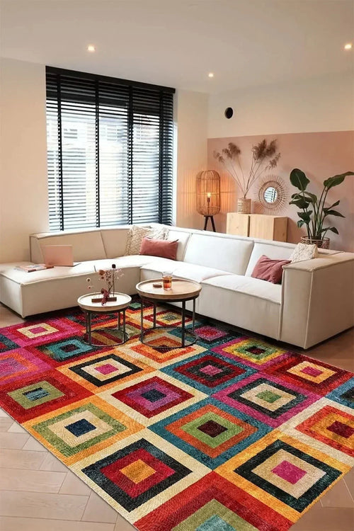 Amber Kadife Modern Desenli Pamuk Tabanlı Yıkanabilen Kaymaz Antibakteriyel Salon Halısı - Aydahome