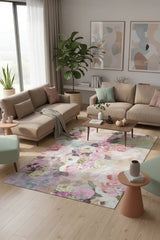 Amoria Çiçek Desenli Pamuk Tabanlı Yıkanabilen Kaydırmaz Antibakteriyel Şönil Salon Halısı - Aydahome