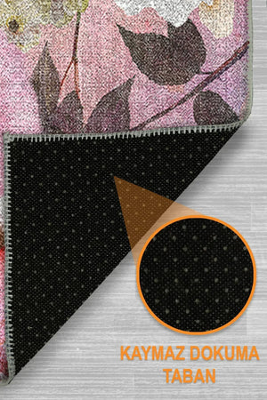 Amoria Çiçek Desenli Pamuk Tabanlı Yıkanabilen Kaydırmaz Antibakteriyel Şönil Salon Halısı - Aydahome