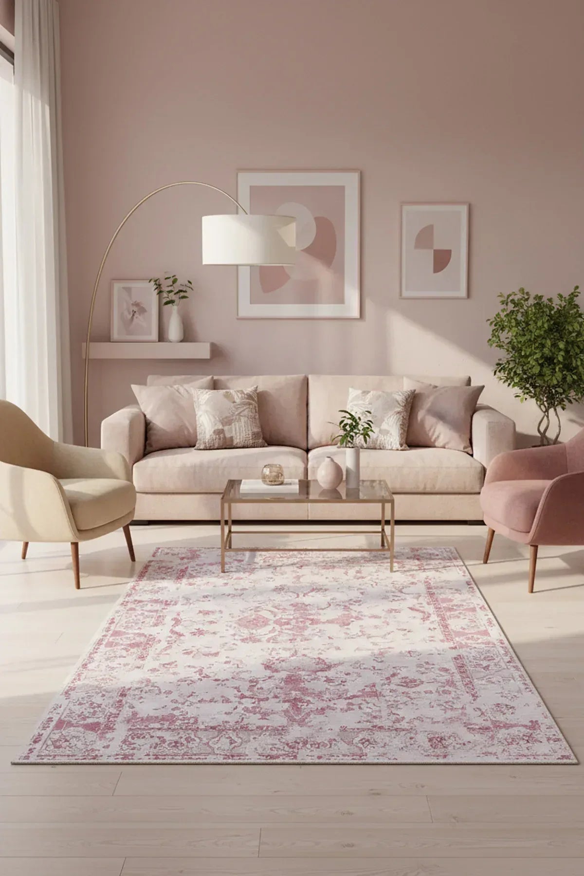 Luna Pink Pamuk Tabanlı Yıkanabilen Kaydırmaz Antibakteriyel Şönil Salon Halısı - Aydahome