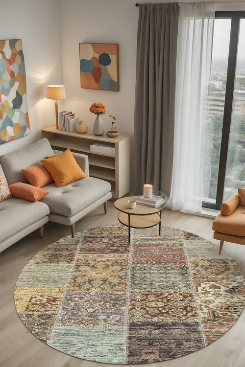 Nadine Patchwork Desenli Pamuk Tabanlı Yıkanabilen Kaydırmaz Antibakteriyel Yuvarlak Şönil Salon Halısı - Aydahome