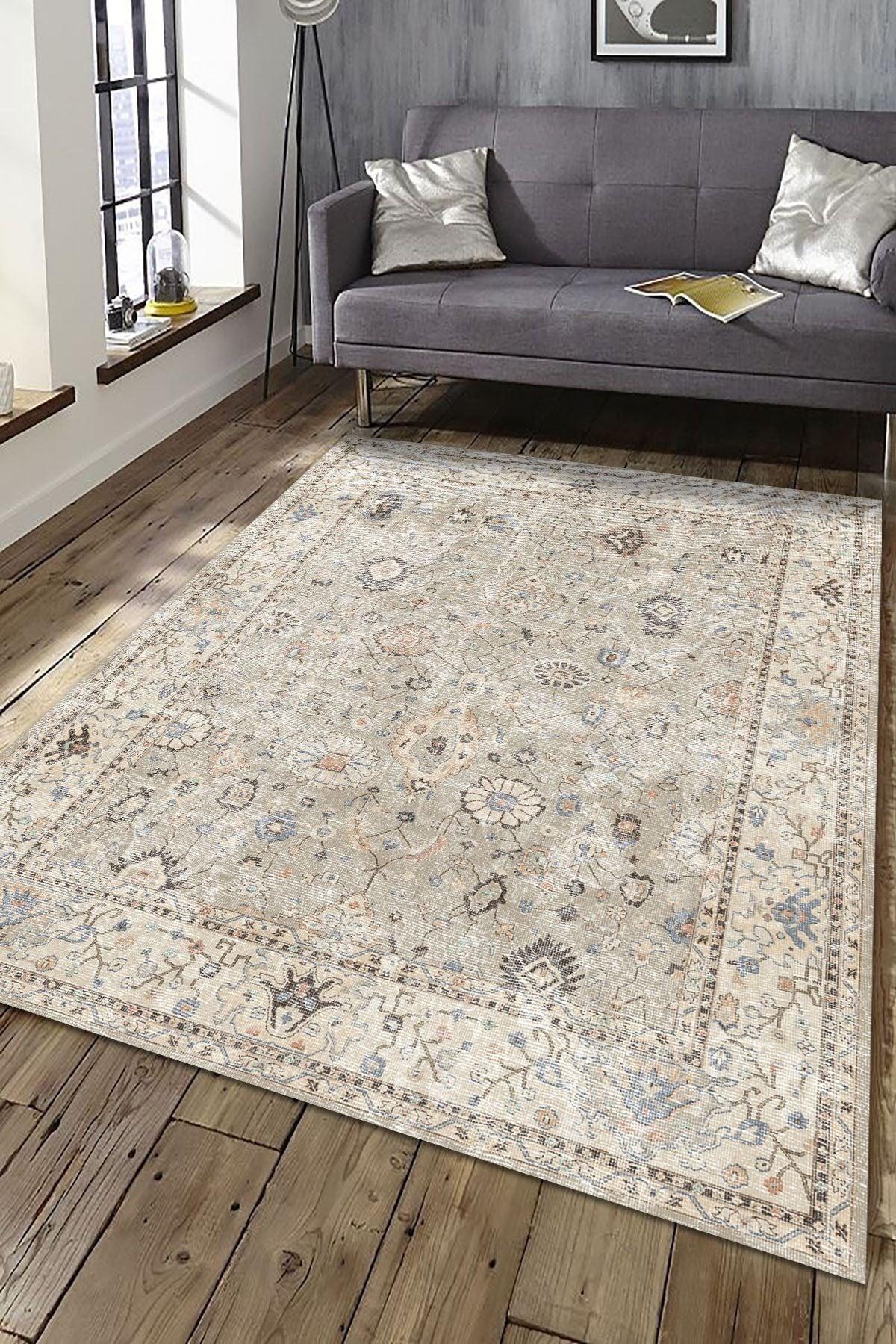 Monty Vintage Desenli Pamuk Tabanlı Yıkanabilen Kaydırmaz Antibakteriyel Şönil Salon Halısı - Aydahome