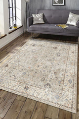 Monty Vintage Desenli Pamuk Tabanlı Yıkanabilen Kaydırmaz Antibakteriyel Şönil Salon Halısı - Aydahome