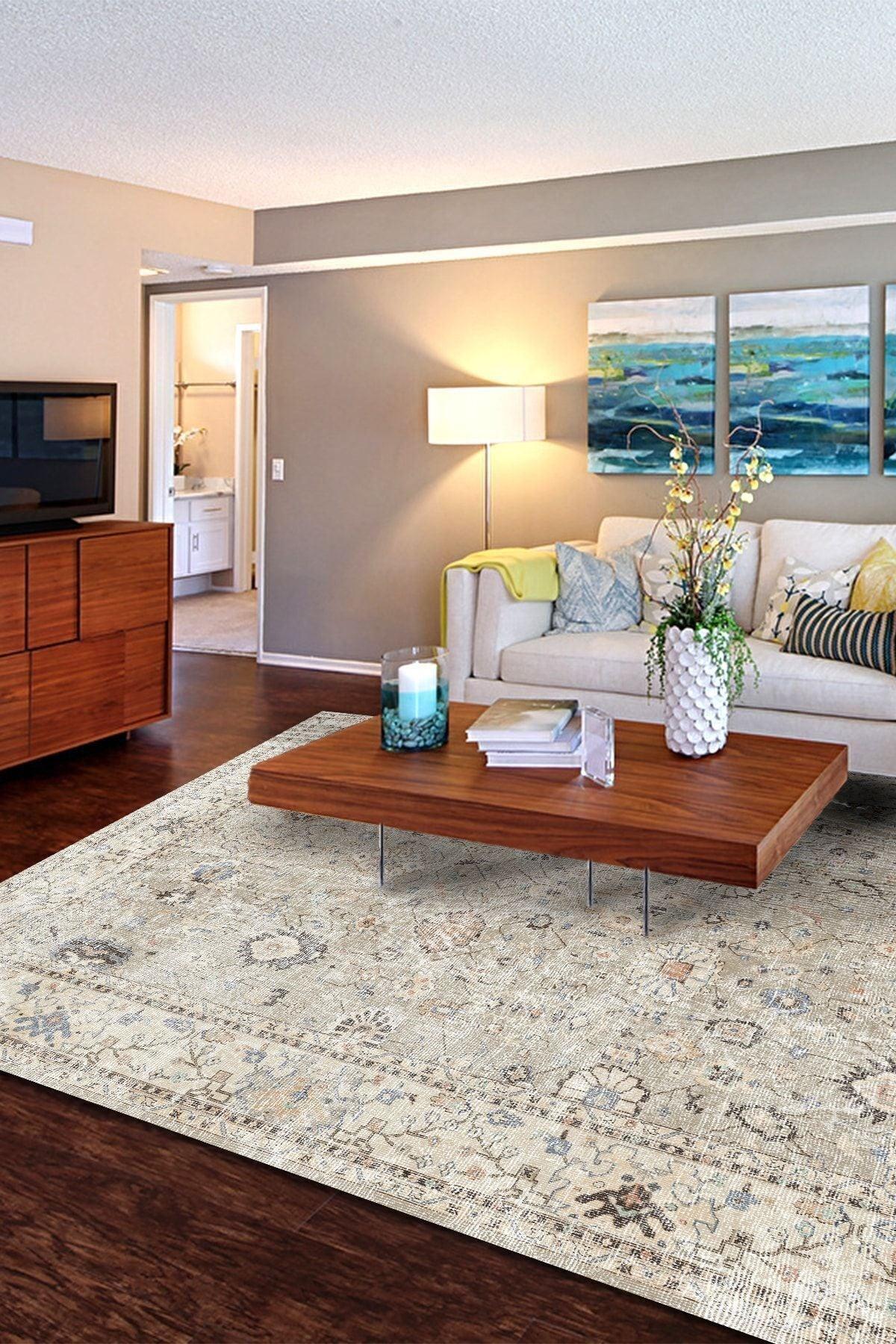 Monty Vintage Desenli Pamuk Tabanlı Yıkanabilen Kaydırmaz Antibakteriyel Şönil Salon Halısı - Aydahome