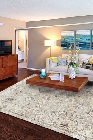 Monty Vintage Desenli Pamuk Tabanlı Yıkanabilen Kaydırmaz Antibakteriyel Şönil Salon Halısı - Aydahome