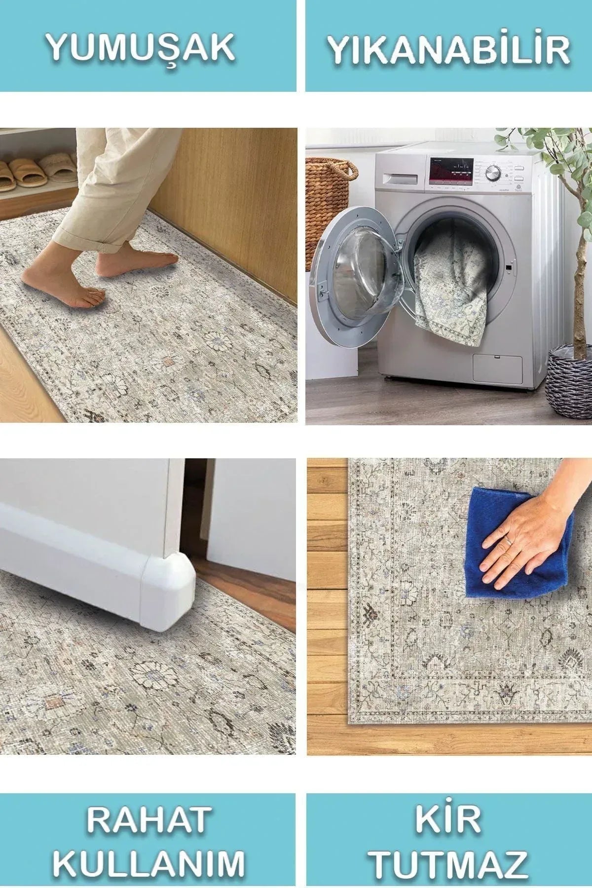 Monty Vintage Desenli Pamuk Tabanlı Yıkanabilen Kaydırmaz Antibakteriyel Şönil Salon Halısı - Aydahome